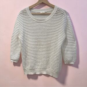 YAYA Women Open Knit Crochet Sweater in White 3/4 Sleeves